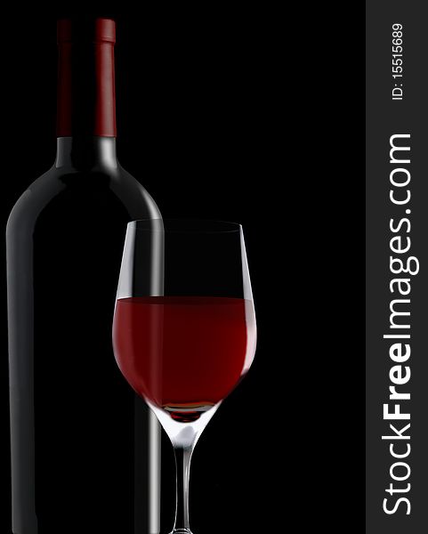 Image red wine glass and  bottle over black. Image red wine glass and  bottle over black