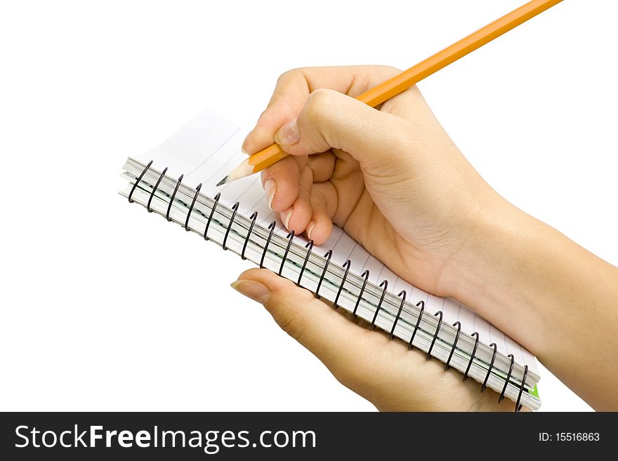 Notebook in hand. Pencil in hand. Isolated on white background. Notebook in hand. Pencil in hand. Isolated on white background