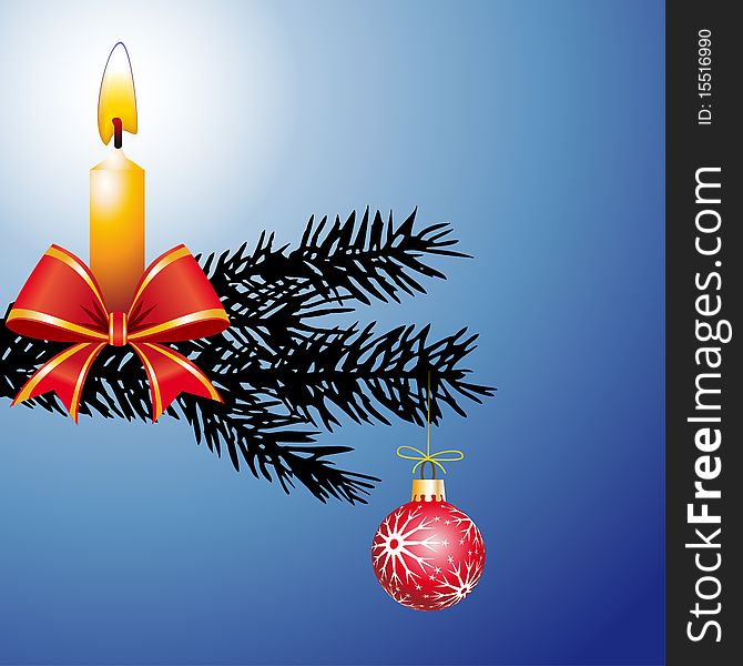 Christmas light, ball and fir on the blue, xmas decoration, full scalable  graphic included Eps v8 and 300 dpi JPG.