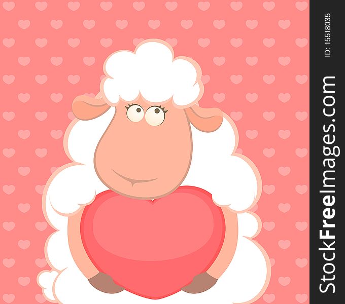 Cartoon funny sheep holds a heart