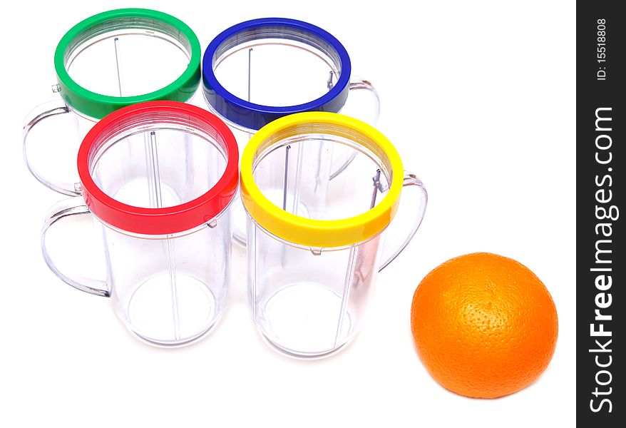 Fresh oranges and empty juice glass isolated on white