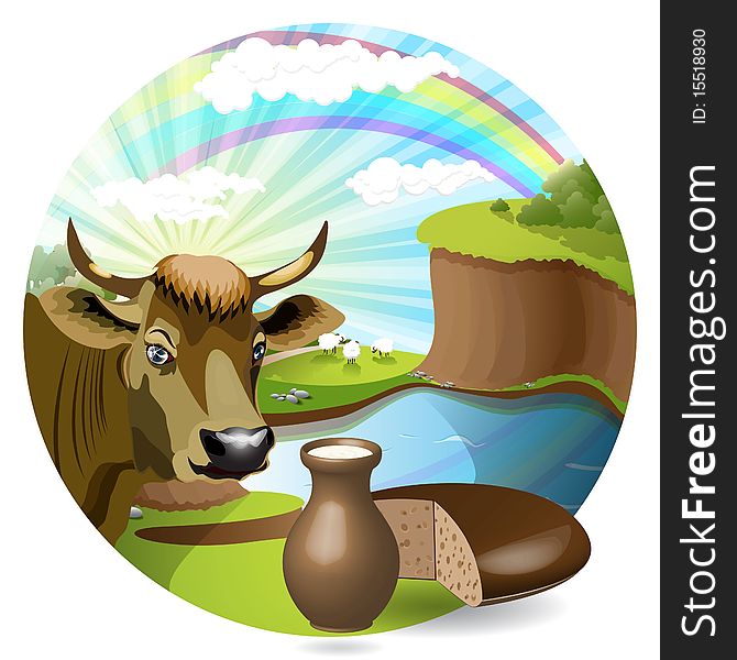 Illustration, cow, pot with milk and bread on background yard. Illustration, cow, pot with milk and bread on background yard