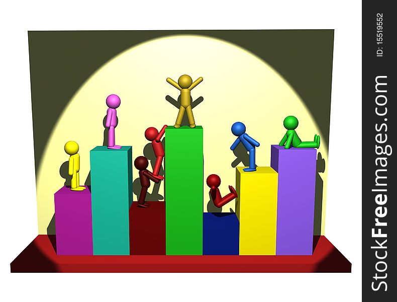 3D illustration of peoples on the chart columns. 3D illustration of peoples on the chart columns