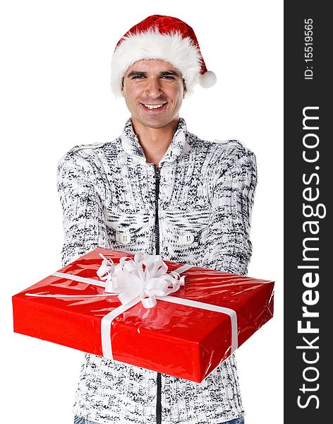 Happy man with  big gift box. Isolated. Happy man with  big gift box. Isolated.