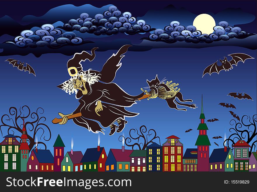 A witch flies over a city at night - vector illustration. A witch flies over a city at night - vector illustration