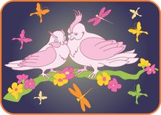 Two Birds On A Branch With Flowers Royalty Free Stock Images