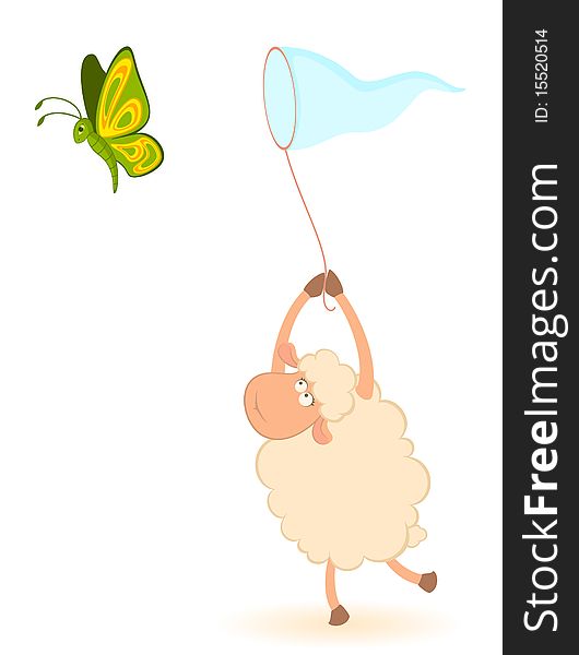 cartoon funny sheep catches beautiful butterflies. cartoon funny sheep catches beautiful butterflies