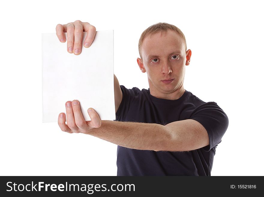 Man holding empty sheet against white background. Focus on the poster and hand