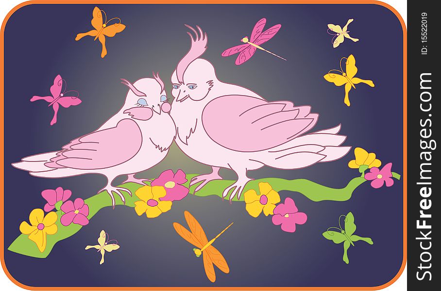 Two Birds On A Branch With Flowers