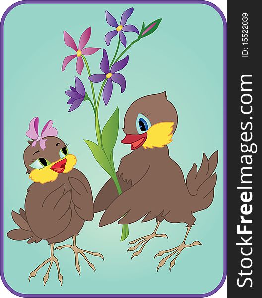 Two cartoon birds with flowers on a date. Two cartoon birds with flowers on a date