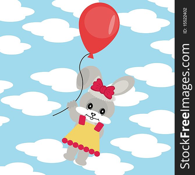 Hare with balloon in sky with clouds