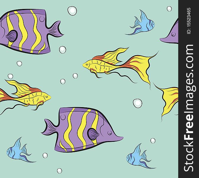Tropical fish swim under water.  illustration. Tropical fish swim under water.  illustration.