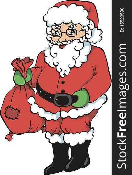 Santa Claus holding a gift box. Vector illustration.