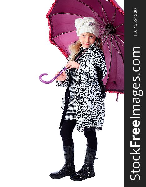 Portrait of a cute girl in a coat holding her umbrella. Isolated over white background. Portrait of a cute girl in a coat holding her umbrella. Isolated over white background.