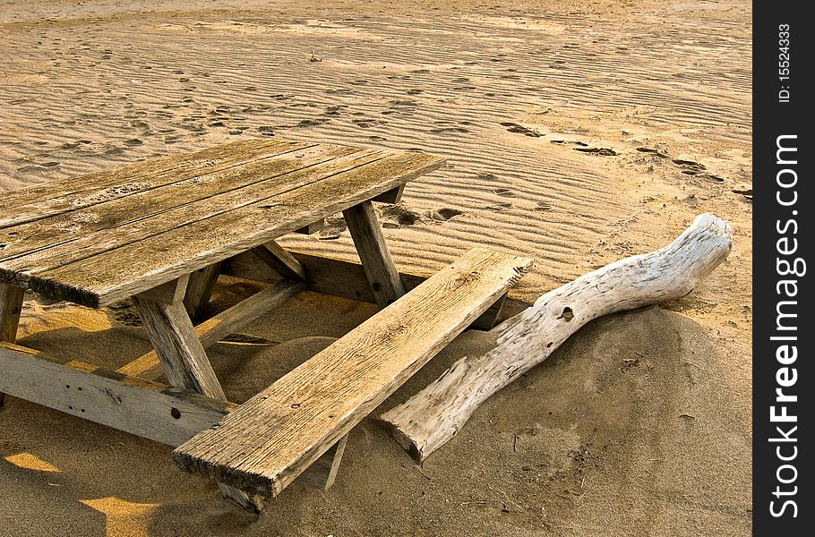 Picnic Table and Driftwood on a Deserted Beach in Erie, Pennsylvania, in the Winter.