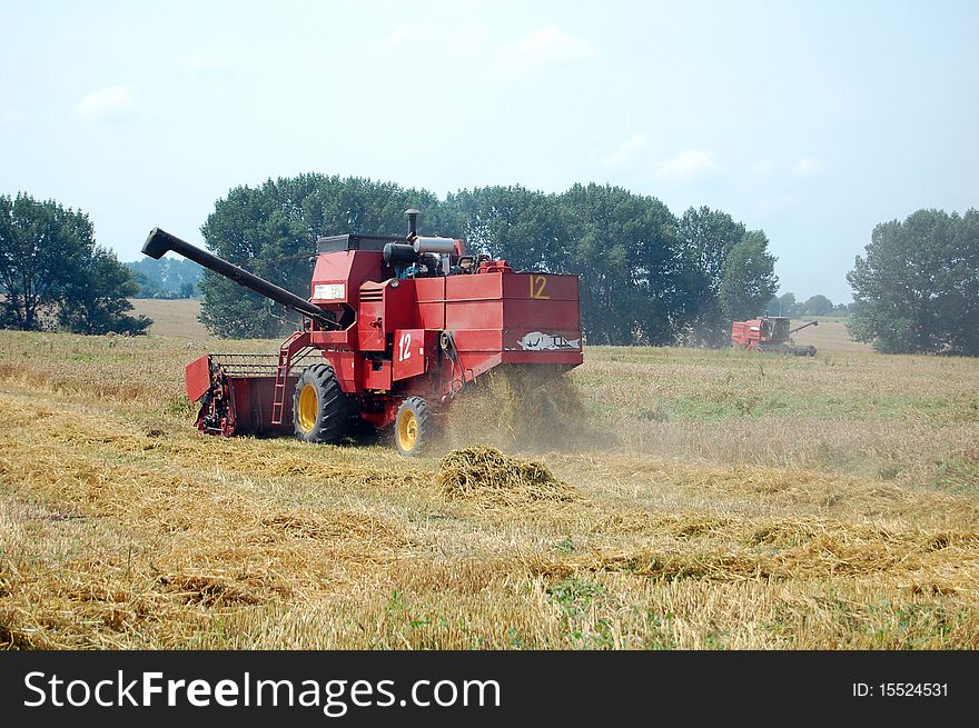 Combine harvest wheat on Ukrainian field. Combine harvest wheat on Ukrainian field.