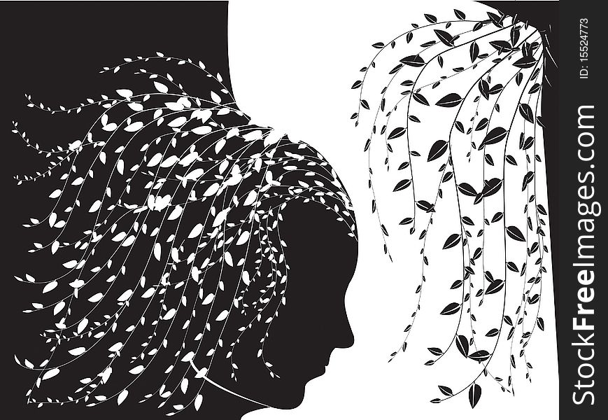 A black and white illustration of a young girls profile with flower hair. A black and white illustration of a young girls profile with flower hair.