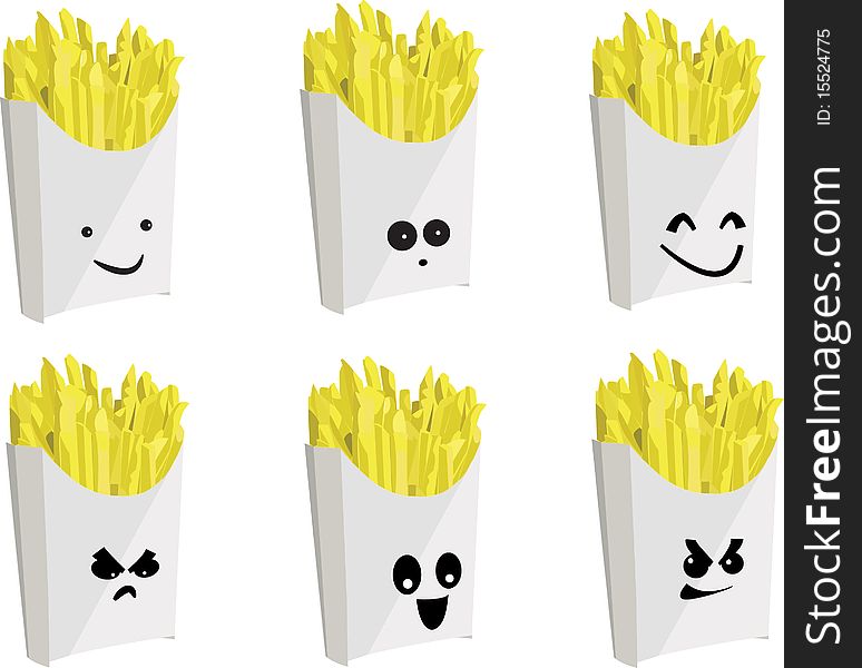 A collection of facial expressions applied to a box of french fries. From the fast food faces series. A collection of facial expressions applied to a box of french fries. From the fast food faces series.