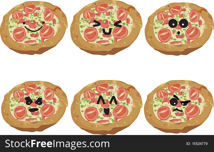 A collection of facial expressions applied to a pizza. From the fast food faces series. A collection of facial expressions applied to a pizza. From the fast food faces series.