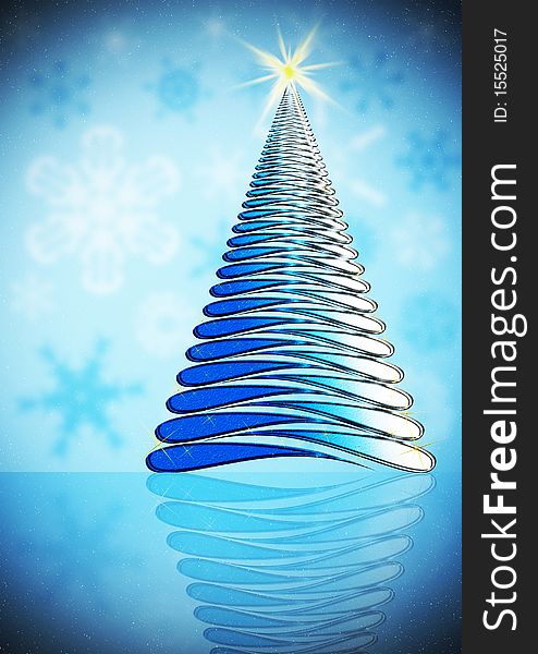 Christmas tree on blue background with reflection