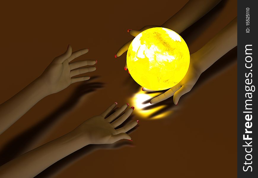 Two hands that transmit yellow Glowing Globe. On dark background. Two hands that transmit yellow Glowing Globe. On dark background