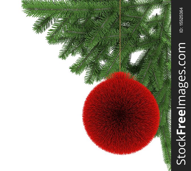 Colored ball from fur with christmas tree branch. Colored ball from fur with christmas tree branch