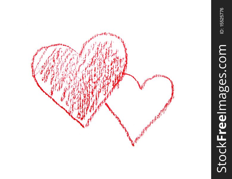 Two hearts drawn in red pencil. Two hearts drawn in red pencil