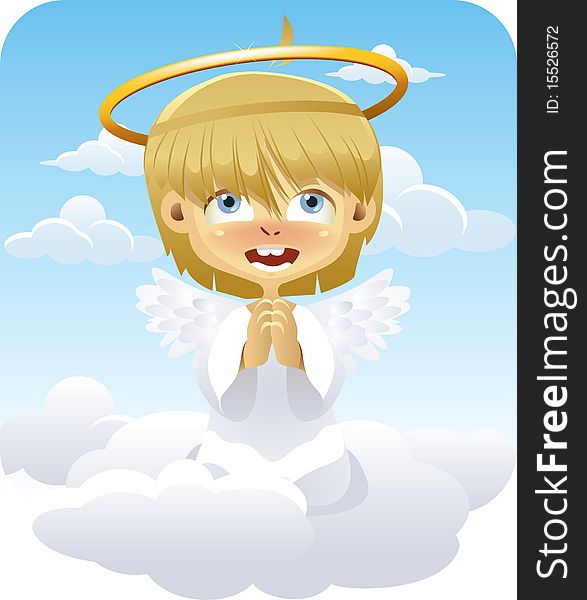 Vector illustration of an angel sitting on a cloud. Illustration isolated on white background. Vector illustration of an angel sitting on a cloud. Illustration isolated on white background.