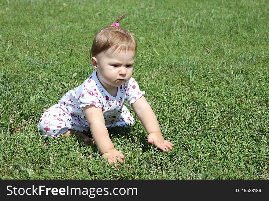 Baby crawling on the green grass