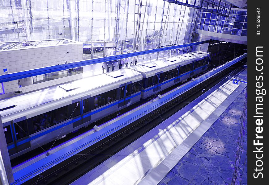 Detail of subway train in blue style filter