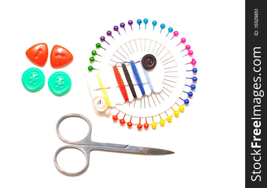 Set of buttons, needles, scissors, sewing clothes for repair