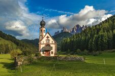 St. John Church In Front Of The Odle Mountains, Funes Valley, Dolomites, Italy Royalty Free Stock Photography