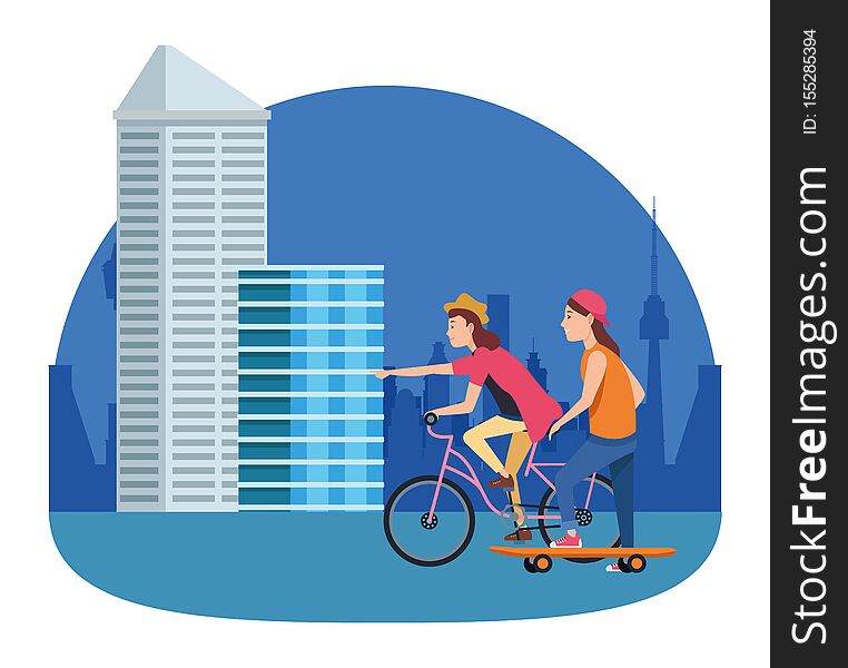 Friends riding in bicycle and pulling skateboard cartoon in the city, urban scenery ,vector illustration graphic design. Friends riding in bicycle and pulling skateboard cartoon in the city, urban scenery ,vector illustration graphic design.