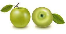 Two Green Apples With Leaves. Stock Photos