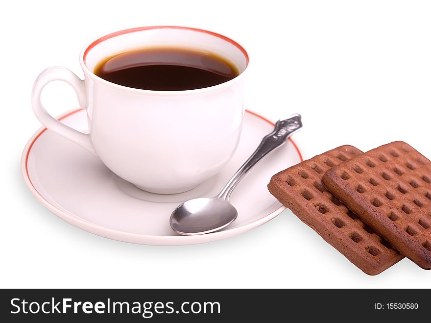 Cookies and coffee cup on a white background. Cookies and coffee cup on a white background