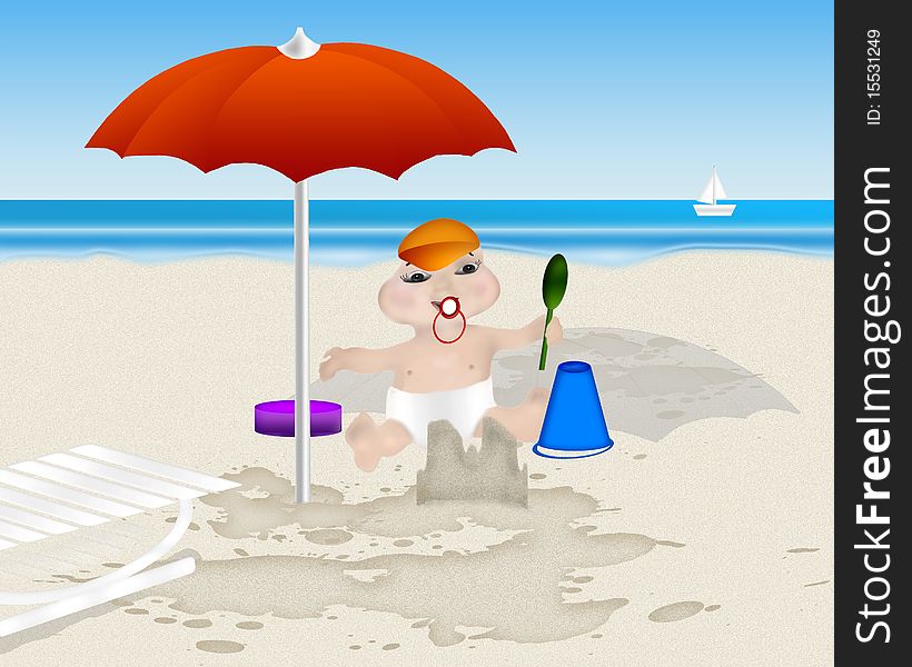 Illustration of a baby boy playing on the beach