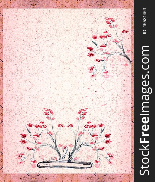 Ancient Traditional Artistic Flowers in a flat vase on background a rice-paper. An enough place is for text. Ancient Traditional Artistic Flowers in a flat vase on background a rice-paper. An enough place is for text