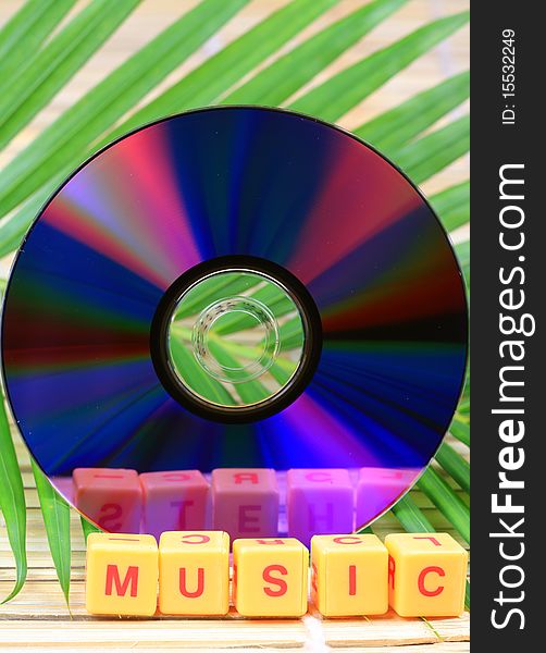 Compact disc with green leaves background giving message of eco friendly music.