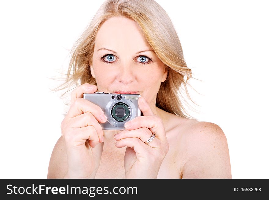 An attractive middle aged woman taking a picture of you!. An attractive middle aged woman taking a picture of you!