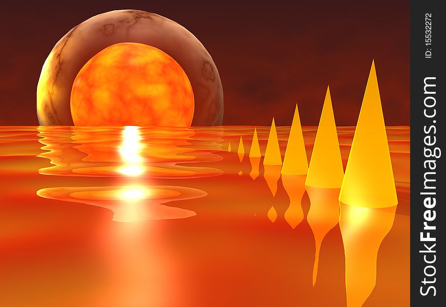 Abstract space landscape, orange ocean