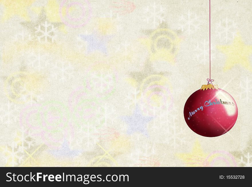 Drawing of Christmas decoration, bauble with write Merry Christmas on it and a lot of room for copyspace around and a creative background