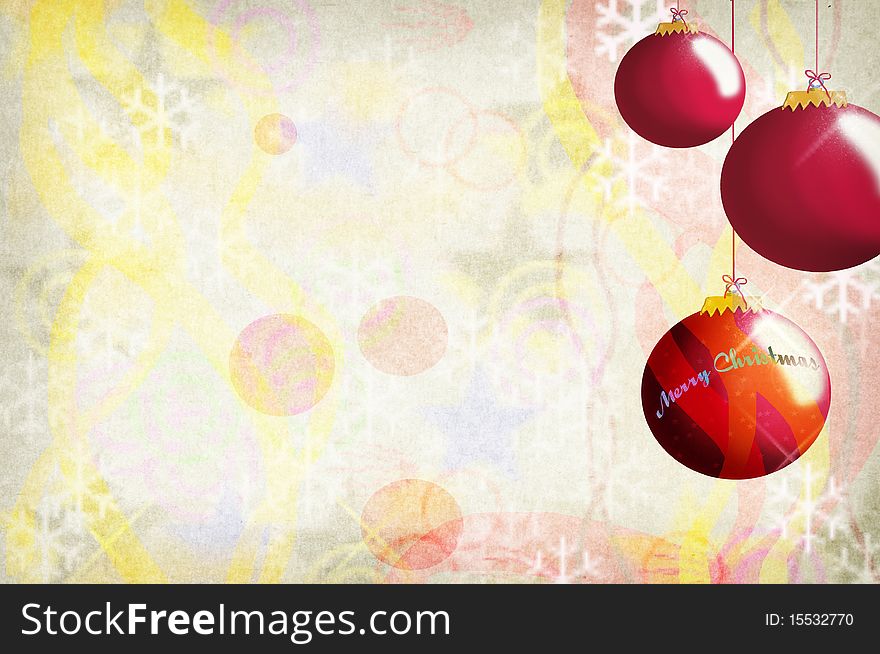 Drawing of Christmas decoration, baubles, one with write Merry Christmas on it and a lot of room for copyspace around and a creative background