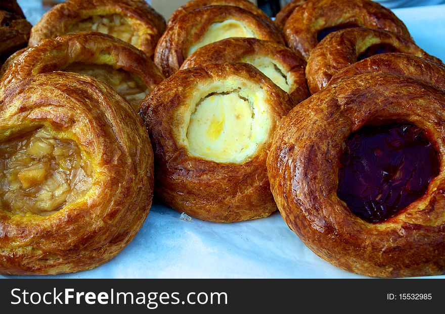 Horizontal close-up photo of fresh baked Danish pastries