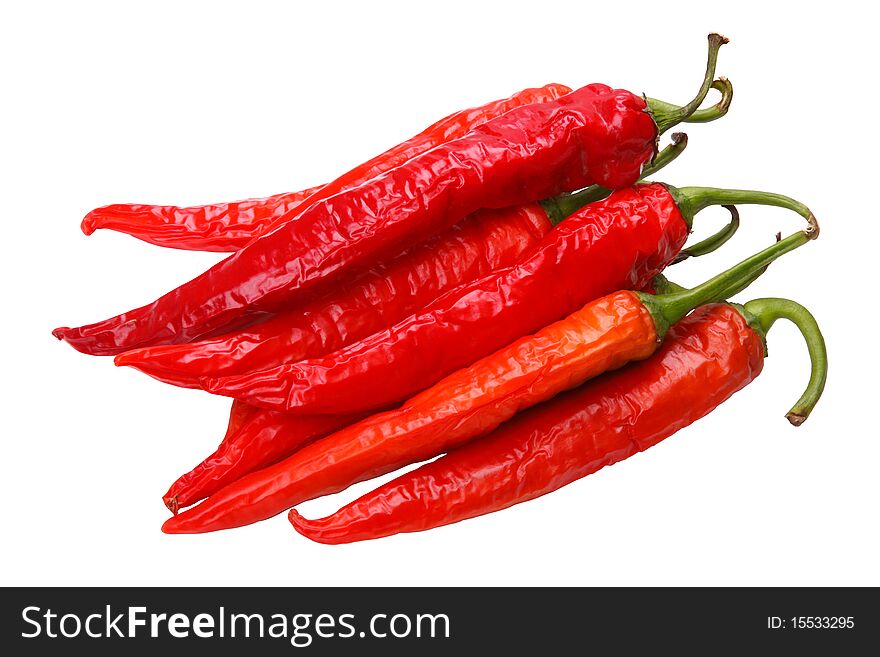 Lots of red sweet peppers hot peppers isolated on white background. Lots of red sweet peppers hot peppers isolated on white background