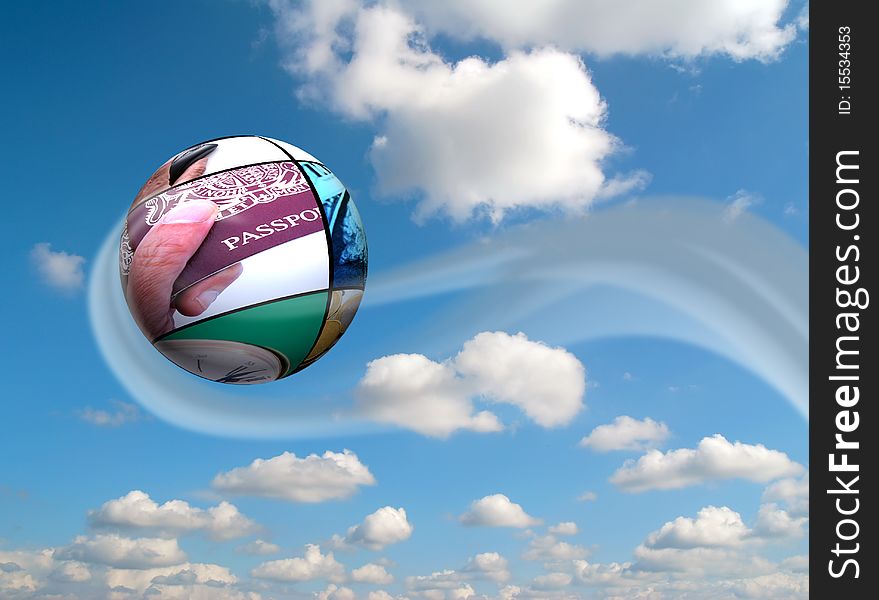 Travel concept showing passport on sphere floating in sky