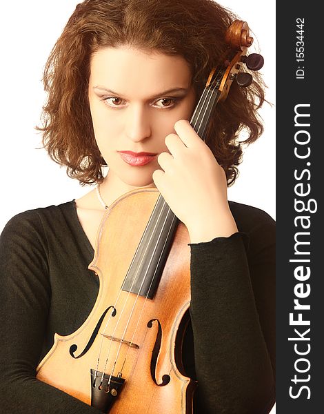 Portrait of violinist with his acoustic violin. Beautiful woman with violin on white  background.