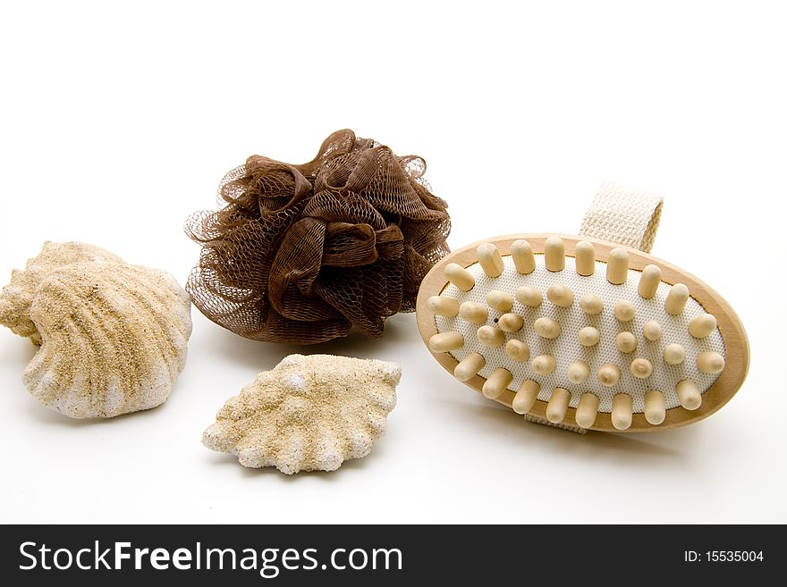 Massage brush and sponge with sea shell