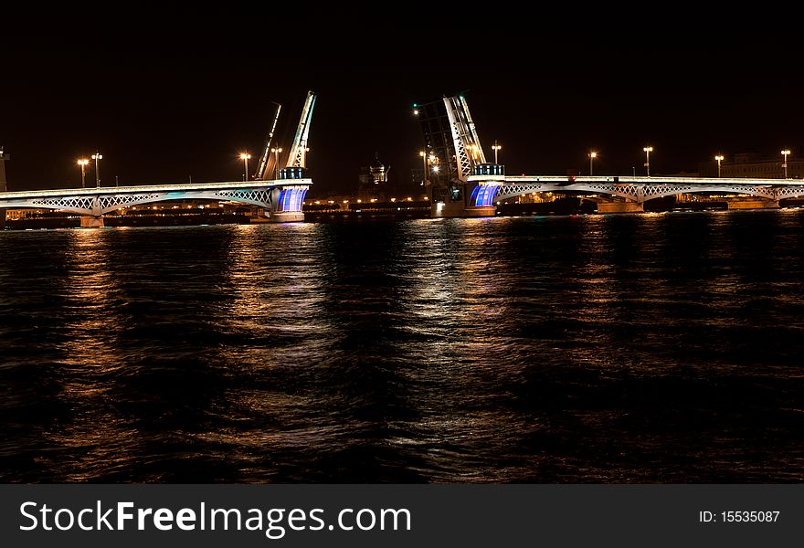 Night view of the Annunciation bridge with illumination. Saint Petersburg, Russia.
