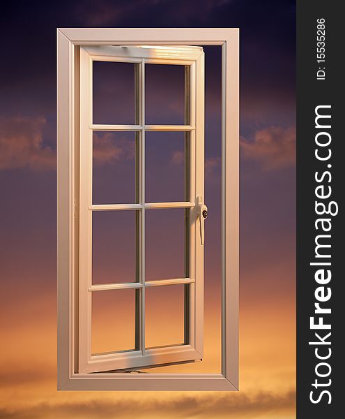 Modern plastic pvc open window floating in sunset twilight sky. Modern plastic pvc open window floating in sunset twilight sky