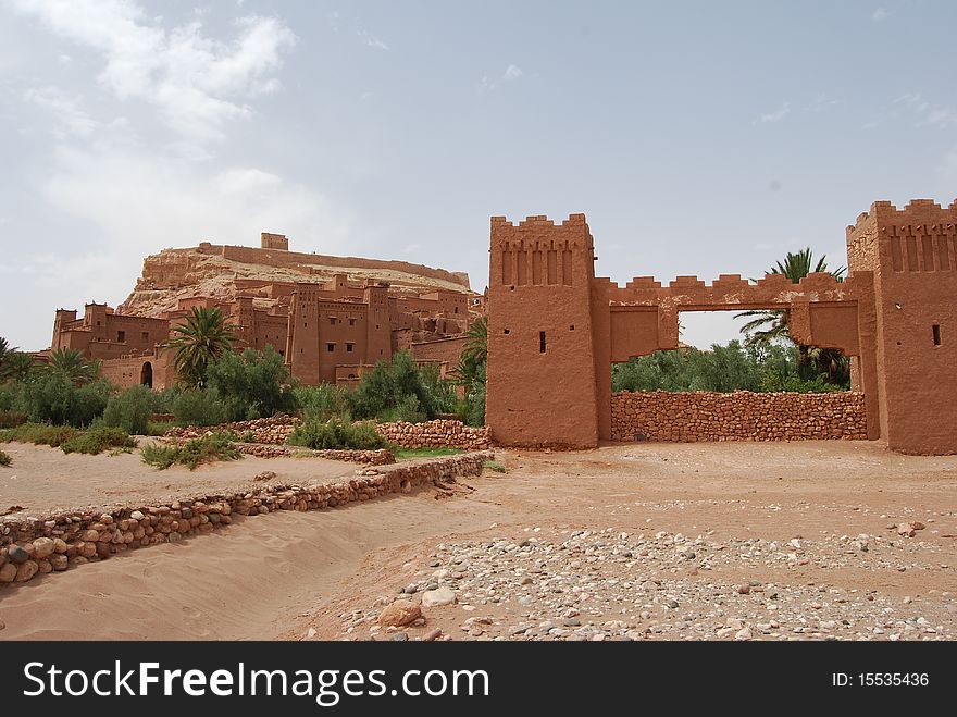 The main entrance into the ancient fortified kasbah of Ait Benhaddou. The main entrance into the ancient fortified kasbah of Ait Benhaddou